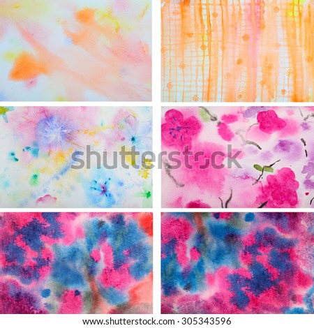 Set of 6 abstract watercolor background. Multicolor background. Grunge Background. Painting Background. Vintage Background. Art background. Hand draw painting background and texture.