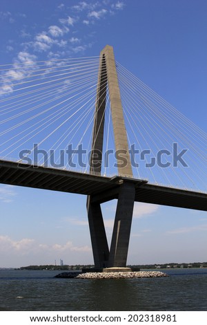 Big suspension bridge against the blue sky, Arthur ravenel bridge, Charleston SC