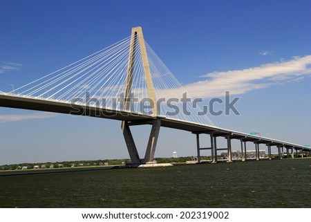 Big suspension bridge against the blue sky, Arthur ravenel bridge, Charleston SC