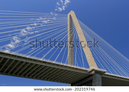Big suspension bridge against the blue sky, Arthur ravened bridge, Charleston SC
