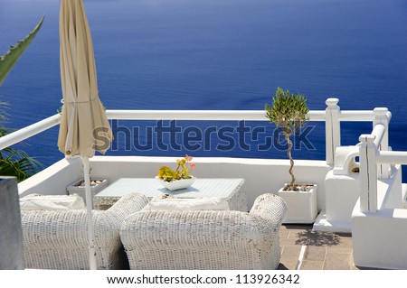 View on caldera and sea from balcony at Santorini island, Greece