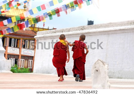 Two Tibetan Children Buddhist Monks walking