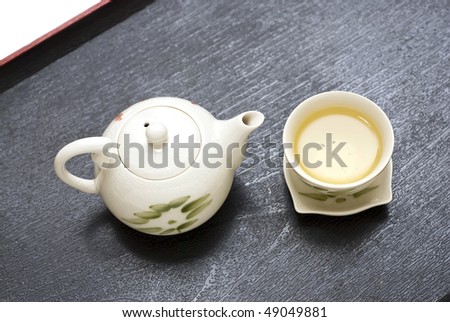 Teapot with tea cup in a black Trays - Tea time