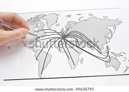 World Map Cities. stock photo : World map with lines between the world#39;s cities