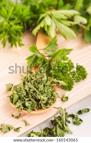 Dried herbs parsley and celery on a wooden spoon on the background of fresh herbs.