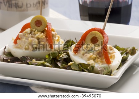 Spanish tapas. Stuffed eggs with russian salad . Typical appetizer.