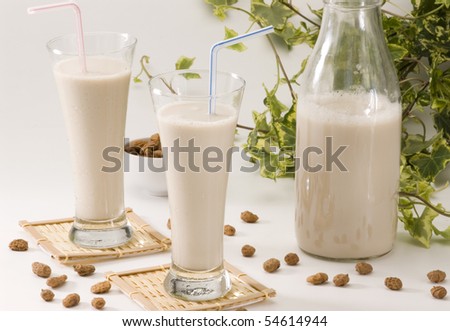 Tiger nut milk in two glasses. Refreshing cold drink from Valencia. Horchata de chufa.