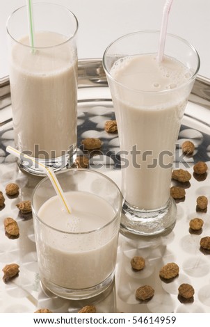 Tiger nut milk in glasses. Refreshing cold drink from Valencia. Horchata de chufa.