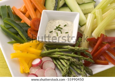 Crudites salad. Assorted vegetables sticks and dip. Selective focus.