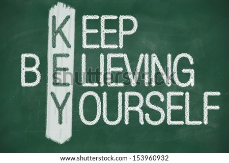 Acronym of KEY. Believe in yourself written in chalk on a blackboard