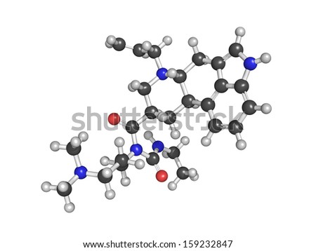 Cabergoline drug, chemical structure. Used in Parkinson\'s disease and other disease conditions.