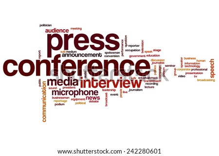Press conference word cloud concept with interview media related tags