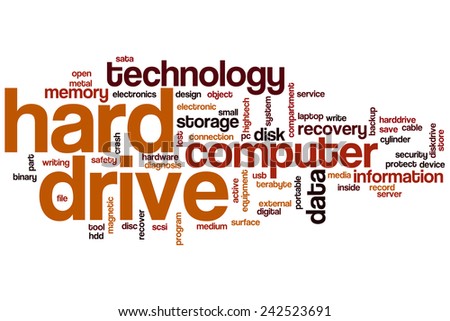 Hard drive word cloud concept with data storage related tags