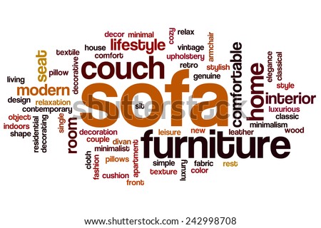 Sofa word cloud concept with furniture couch related tags