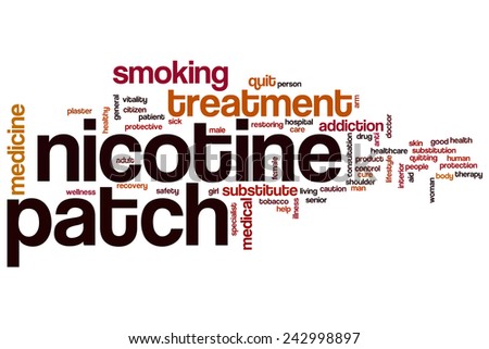 Nicotine patch word cloud concept with treatment tobacco related tags