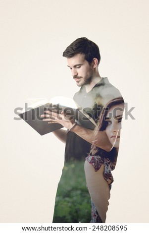 Double exposure of a man reading a book and a girl longing for him, love concept