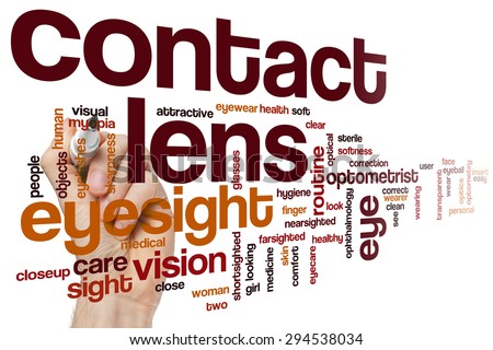 Contact lens word cloud concept with eyesight optometry related tags