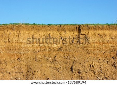 Soil cross section, green grass and blue sky