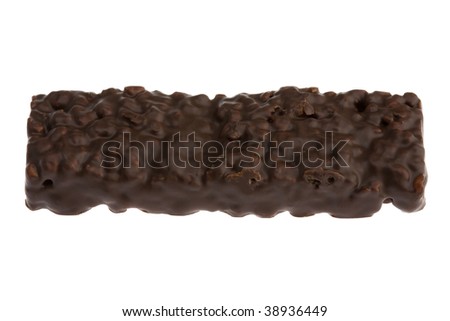A chocolate-covered breakfast bar isolated on a white background
