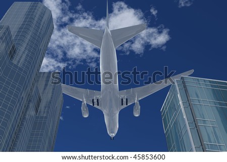 Plane flies over high-altitude buildings on background blue sky with cloud