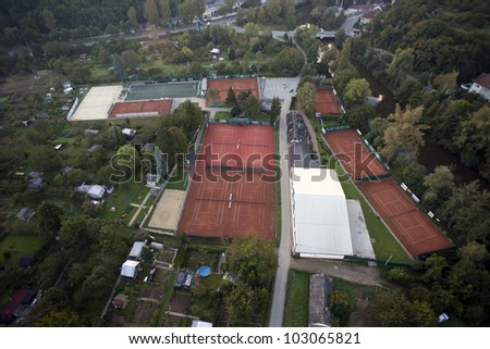 Highly detailed aerial city view with gardens, tennis courts, river, bridges, sport center, Brno, Czech Republic