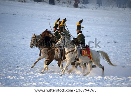 TVAROZNA, CZECH REPUBLIC - DECEMBER 4: History fan in military costume reenacts the Battle of Three Emperors on December 4, 2010 in Tvarozna, Czech Republic.