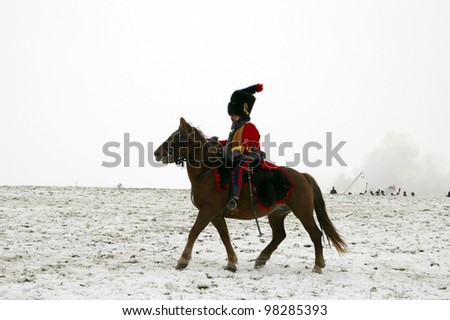 TVAROZNA, CZECH REPUBLIC - DECEMBER 3: History fan in military costumes reenacts the battle of Austerlitz, which Napoleon won in 1805, on December 3, 2005 near the village of Tvarozna, Czech Repuplic.