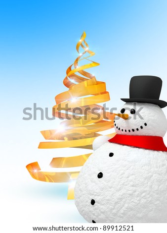Happy snowman and christmas tree