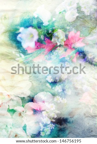 Abstract ink blob combined with field flowers on paper texture