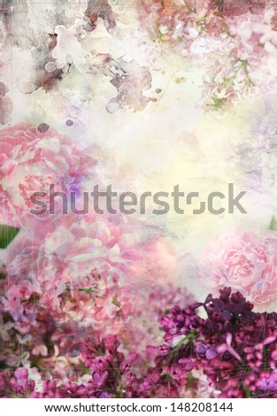 Abstract Ink Painting Combined With Flowers On Grunge Paper Texture