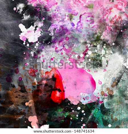 Abstract Ink Painting Combined With Flowers On Grunge Paper Texture