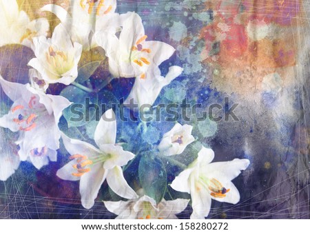 Artistic abstract watercolor painting with lily flowers on paper texture- mixed technique
