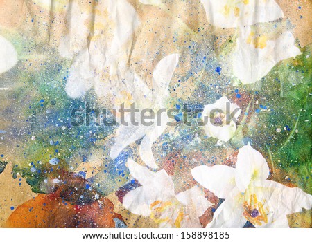 Artistic abstract watercolor painting with lily flowers on paper texture- mixed technique