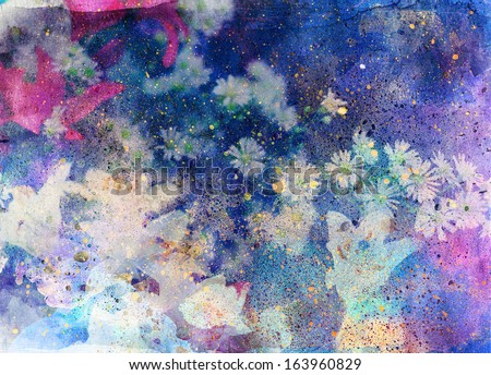 Abstract ink painting combined with field flowers on paper texture - floral grunge