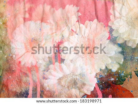 Abstract ink painting combined with flowers on paper texture - floral grunge