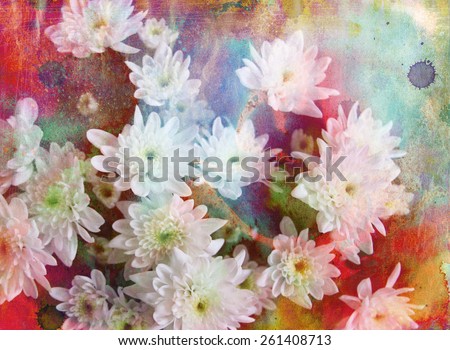 Abstract ink painting combined with field flowers on paper texture - floral grunge