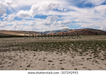 Scenic desert steppe landscape with mountains. Dry earth with rare plants as foreground and the mountains, the sky and clouds as a background.