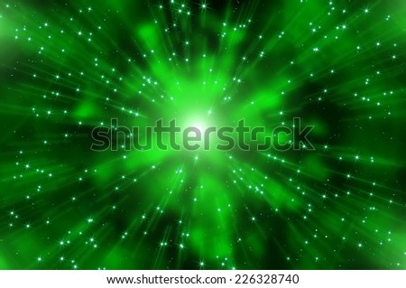 Abstract dark green space background with nebulas, stars and star trails