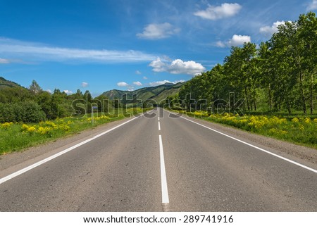 Scenic view from the asphalt road, mountains, trees, meadow with yellow flowers against a blue sky with clouds