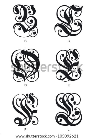 Calligraphic Gothic Initials Letters B, C, D, E, F, L Stock Vector ...