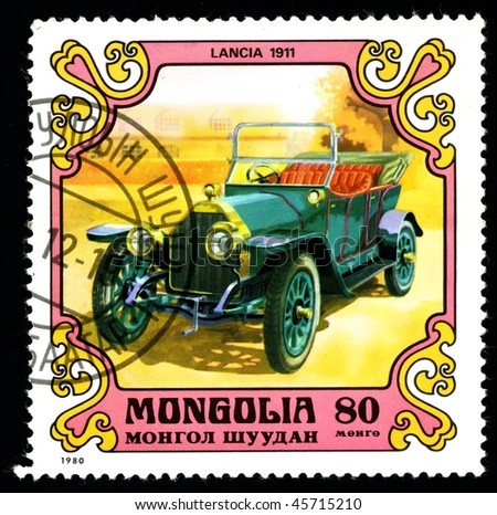 MONGOLIA - CIRCA 1980: A postage stamp printed in the Mongolia shows image of the motor industry history - car Lancia 1911, circa 1980