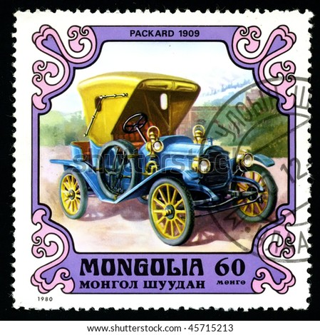 MONGOLIA - CIRCA 1980: A postage stamp printed in the Mongolia shows image of the motor industry history - car Packard 1909, circa 1980