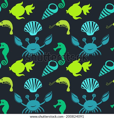 Vector pattern with sea live. Underwater life, wildlife ocean animals. Crab, shell, shrimp, fish, sea horse.