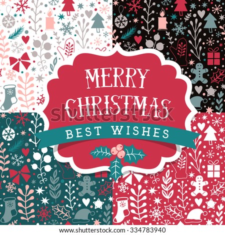 Merry Christmas seamless patterns set, holidays layout. Retro label design. Happy New Year background, wrapping, silhouette. Classic elements Christmas pattern winter background. Holidays icons