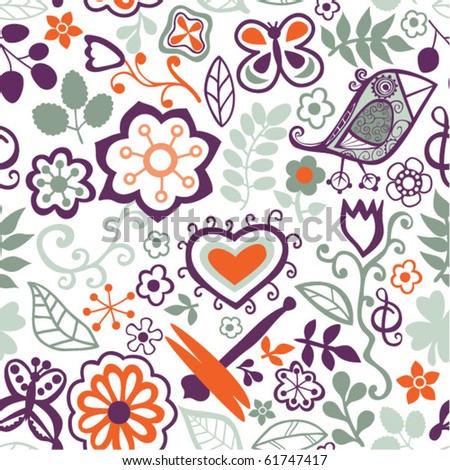 cartoon flowers and butterflies. stock vector : Cartoon seamless texture with flowers, utterflies and bird