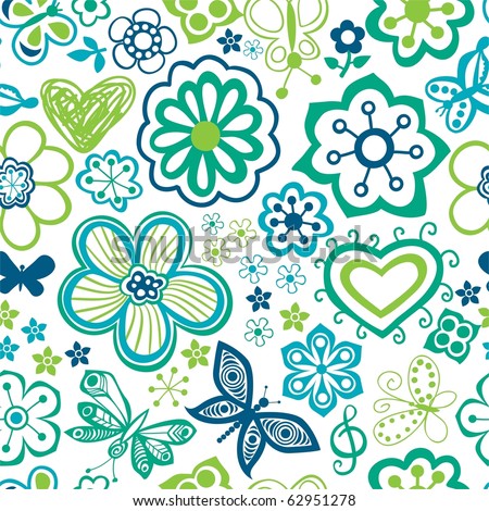 cartoon images of flowers. stock photo : Bright cartoon seamless pattern with flowers and butterflies
