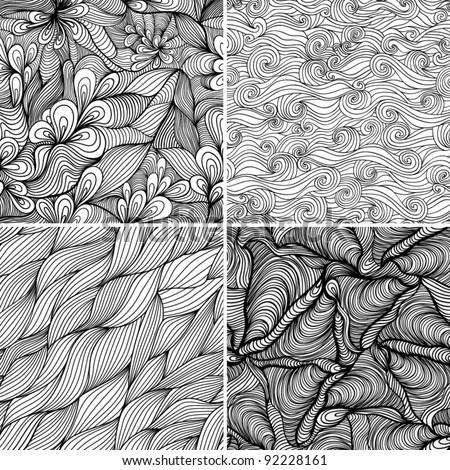 stock vector : Set of four seamless abstract hand-drawn pattern, waves background. Seamless pattern can be used for wallpaper, pattern fills, web page background,surface textures. Gorgeous seamless floral background