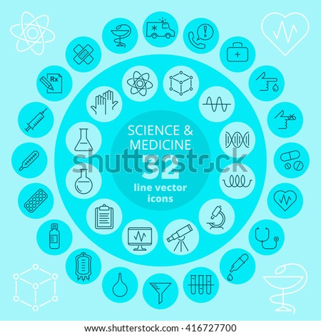 Science, medical and health care icon set. Chemical laboratory, pharmacy, medicine, medical and scientific research equipment vector line icons. Infographic elements for web, print and social network.