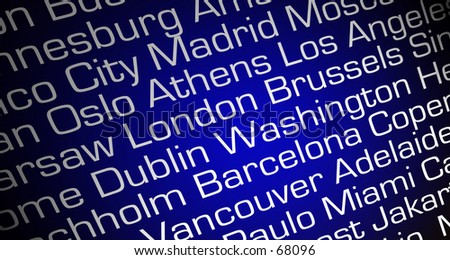 Abstract black-blue background with names of major world cities.