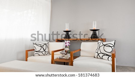 Bright white wooden sofa seat in luxury interior decoration